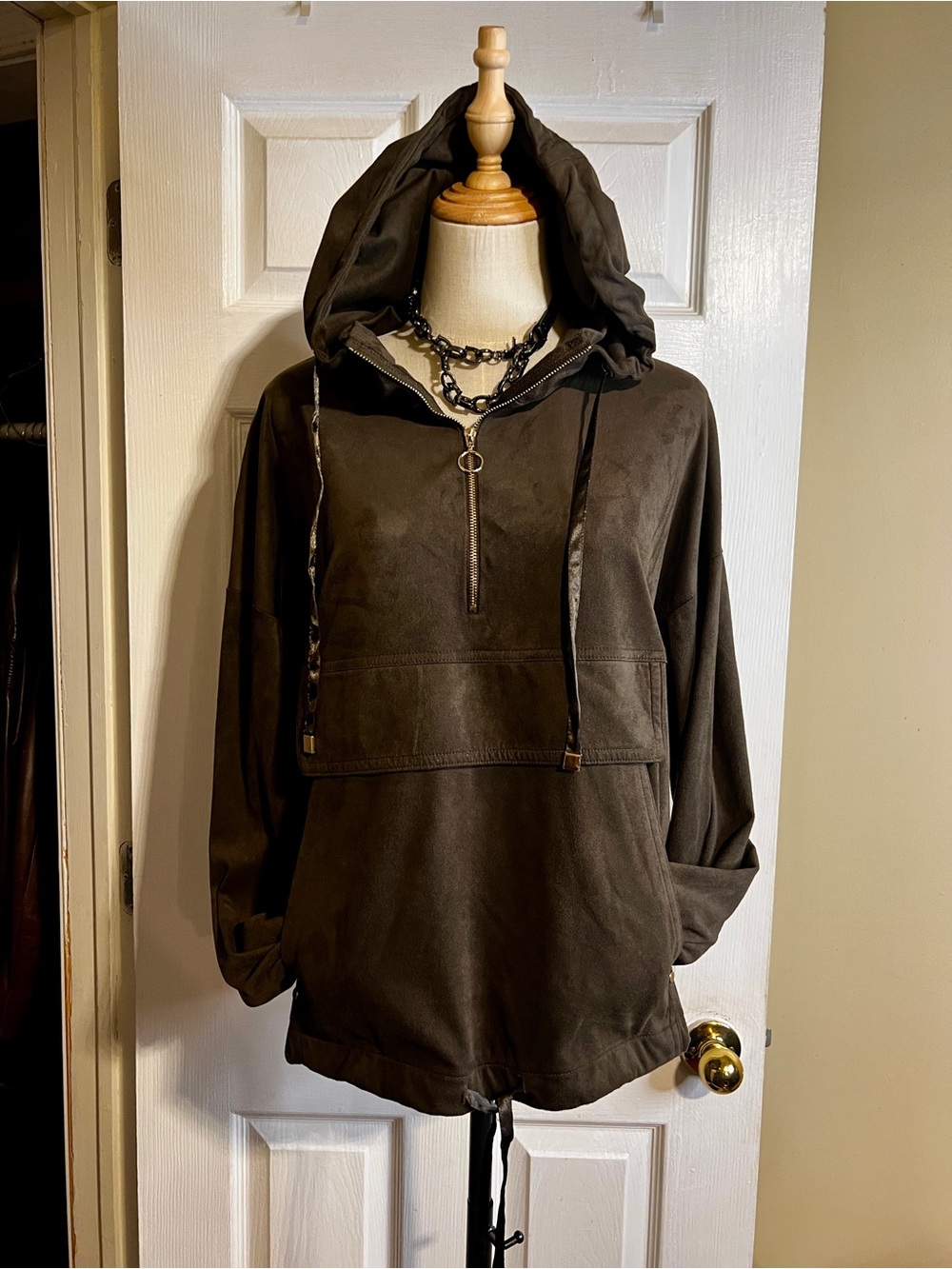 Zara Wms Brown Green Faux Suede 1/4 Zip Pullover Hooded Utility Jacket M